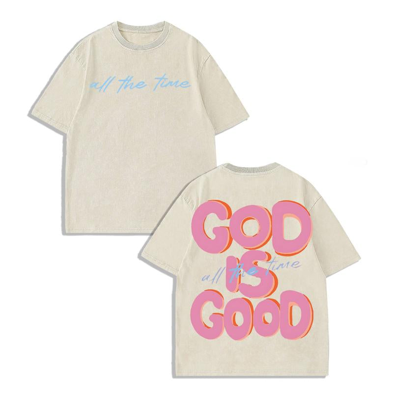 Men'S & Women'S Oversized 230Gsm Heavyweight Washed T-Shirt GOD IS GOOD Double-Sided Graphic Print Retro Vintage Streetwear Loose Fit round Neck Short Sleeve 100% Cotton