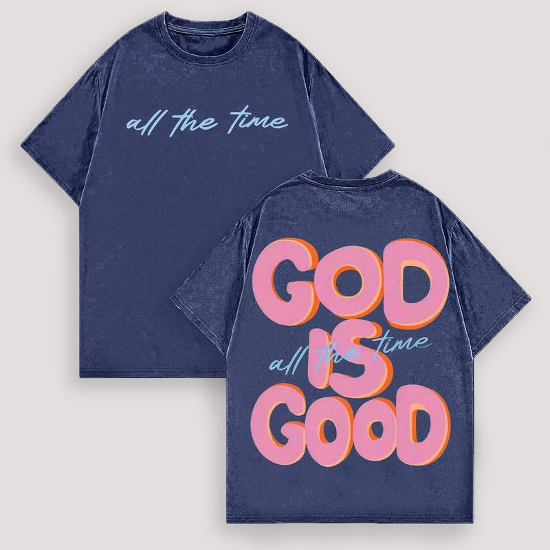 Men'S & Women'S Oversized 230Gsm Heavyweight Washed T-Shirt GOD IS GOOD Double-Sided Graphic Print Retro Vintage Streetwear Loose Fit round Neck Short Sleeve 100% Cotton