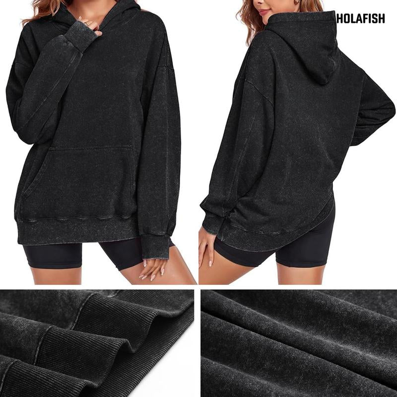 Holafish Casual Oversized Hoodies Acid Wash Pullover Unisex Women Fall Acid Wash Plain Preppy Hoodie Streetwear Vintage Hooded Sweatshirt, Christmas Gift