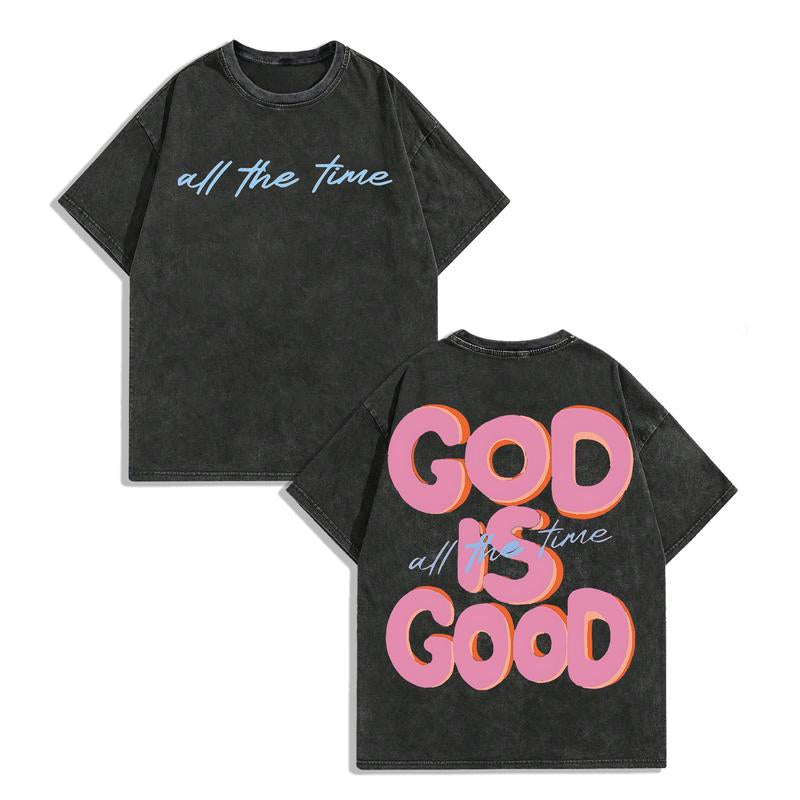 Men'S & Women'S Oversized 230Gsm Heavyweight Washed T-Shirt GOD IS GOOD Double-Sided Graphic Print Retro Vintage Streetwear Loose Fit round Neck Short Sleeve 100% Cotton