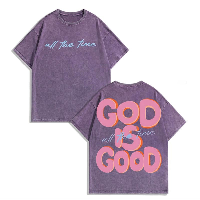 Men'S & Women'S Oversized 230Gsm Heavyweight Washed T-Shirt GOD IS GOOD Double-Sided Graphic Print Retro Vintage Streetwear Loose Fit round Neck Short Sleeve 100% Cotton