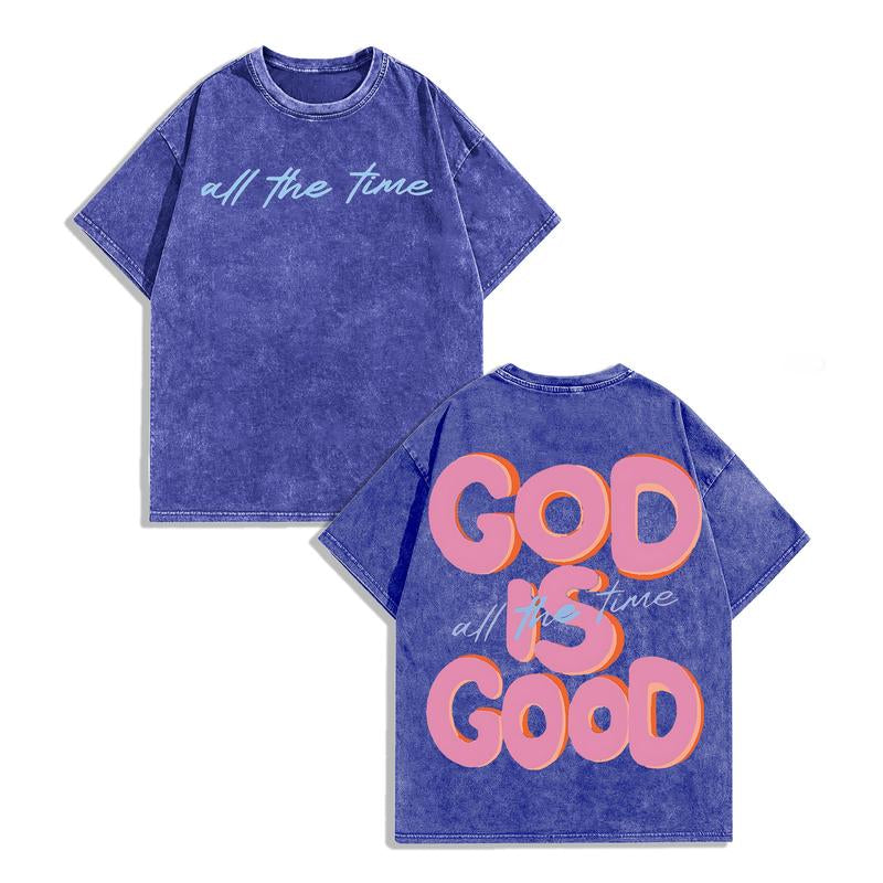 Men'S & Women'S Oversized 230Gsm Heavyweight Washed T-Shirt GOD IS GOOD Double-Sided Graphic Print Retro Vintage Streetwear Loose Fit round Neck Short Sleeve 100% Cotton