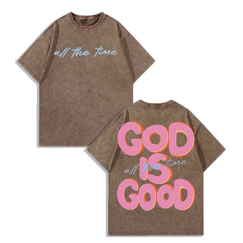 Men'S & Women'S Oversized 230Gsm Heavyweight Washed T-Shirt GOD IS GOOD Double-Sided Graphic Print Retro Vintage Streetwear Loose Fit round Neck Short Sleeve 100% Cotton