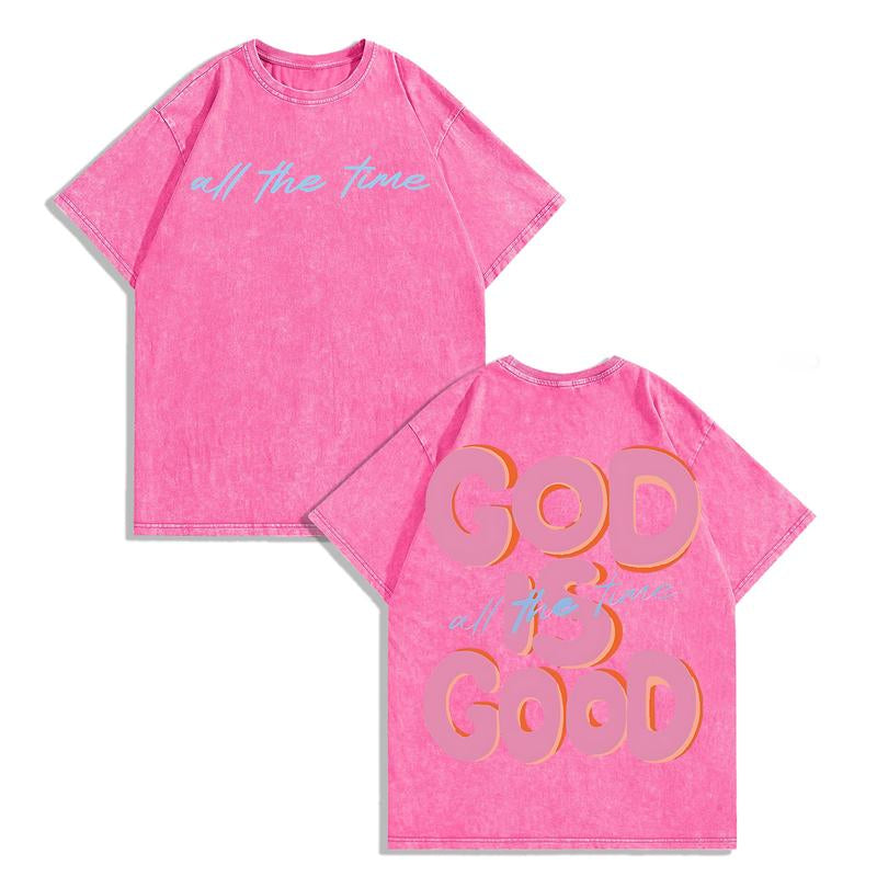 Men'S & Women'S Oversized 230Gsm Heavyweight Washed T-Shirt GOD IS GOOD Double-Sided Graphic Print Retro Vintage Streetwear Loose Fit round Neck Short Sleeve 100% Cotton