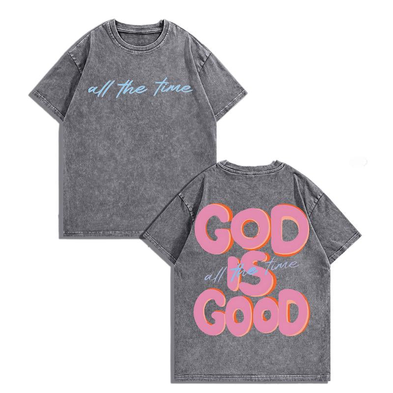 Men'S & Women'S Oversized 230Gsm Heavyweight Washed T-Shirt GOD IS GOOD Double-Sided Graphic Print Retro Vintage Streetwear Loose Fit round Neck Short Sleeve 100% Cotton