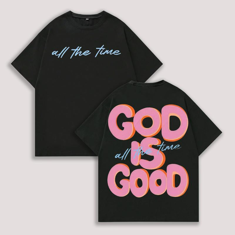 Men'S & Women'S Oversized 230Gsm Heavyweight Washed T-Shirt GOD IS GOOD Double-Sided Graphic Print Retro Vintage Streetwear Loose Fit round Neck Short Sleeve 100% Cotton