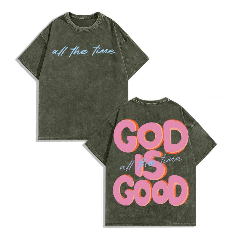 Men'S & Women'S Oversized 230Gsm Heavyweight Washed T-Shirt GOD IS GOOD Double-Sided Graphic Print Retro Vintage Streetwear Loose Fit round Neck Short Sleeve 100% Cotton