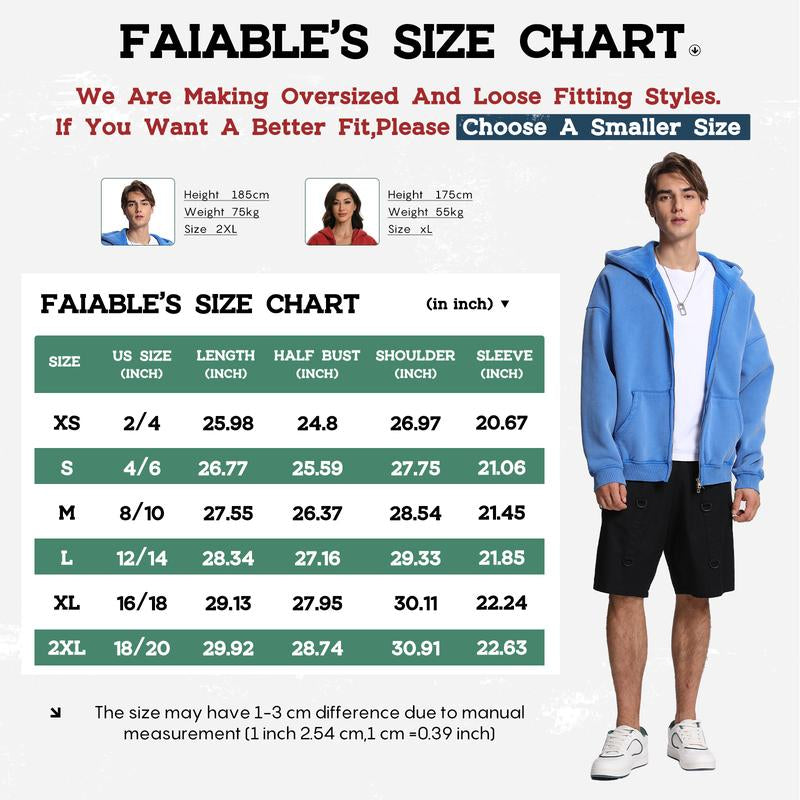 FAIABLE Unisex Oversized Sweatshirt with Double Zippers – Casual Long Sleeve Crewneck Hoodie for Women and Men – Fashion Streetwear Style Pullover Jacket – Lightweight and Comfortable Layer – Trendy Zip up Hoodie with Relaxed Fit Baggy Menswear
